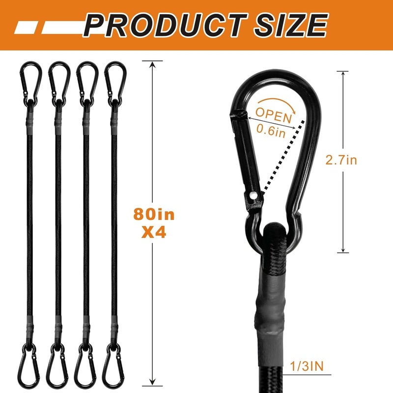 BEXSLE 80in 4 Pcs Bungee Cords with Carabiner Hooks Heavy Duty, Outdoor Black Bungee Straps, Strong Industrial Grade Elastic Bungee Rope for Securing Tarps, Luggage, Tents，Bikes or Garden Tidying - Image 5
